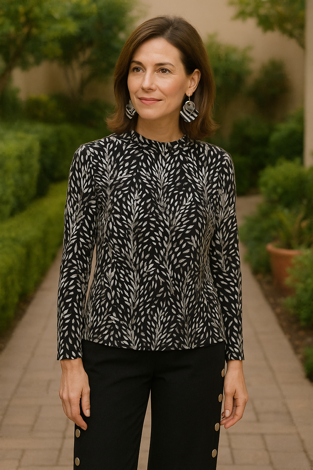 put the blouse and pants full body, and use exact earrings on a stunning lady of 45 in a lovely s...