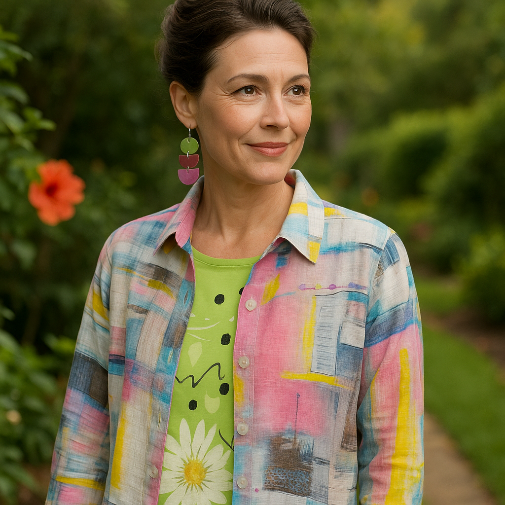put picture 1 with picture 2 on a beautiful stunning woman of 50 in beautiful garden setting.  Ma...