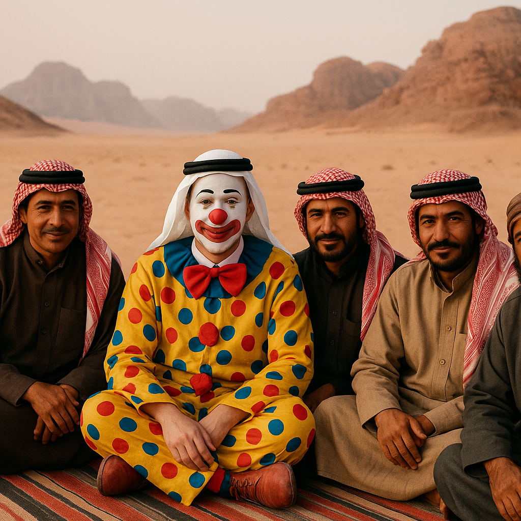 Make this man dressed as a clown sitting among bedouins