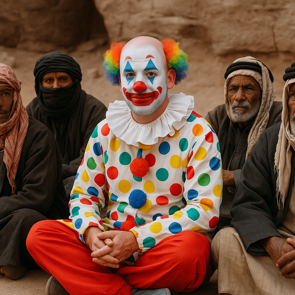 Make this man dressed as a clown but very recognizable sitting among bedouins