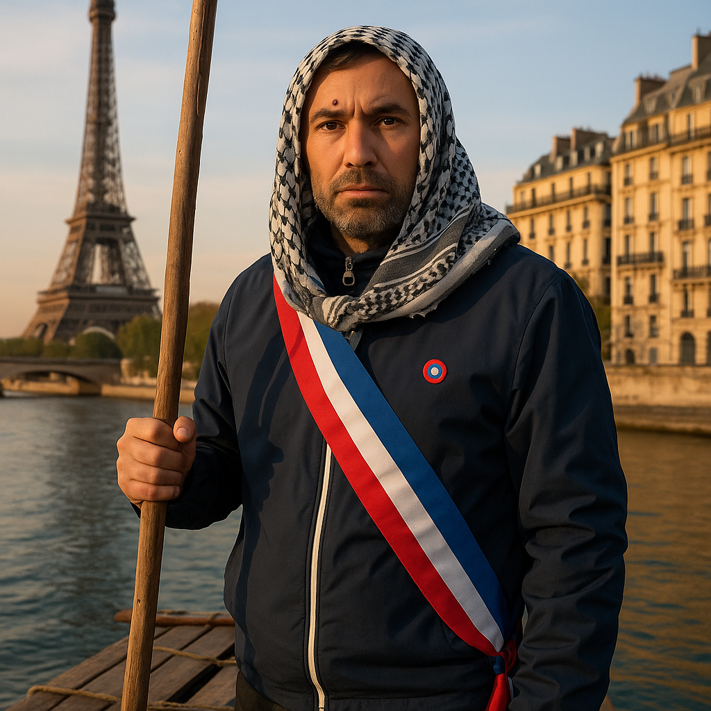 make a picture of this guy with a keffieh standing on a raft in the middle of the Seine with pari...