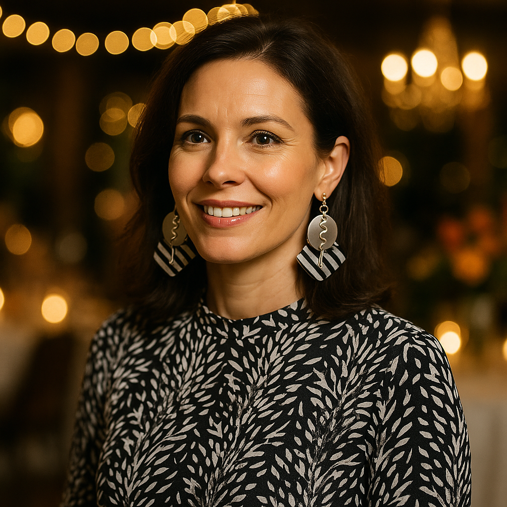 put black and white top with black and white earrings on a stunning beautiful woman of 47 in a lo...
