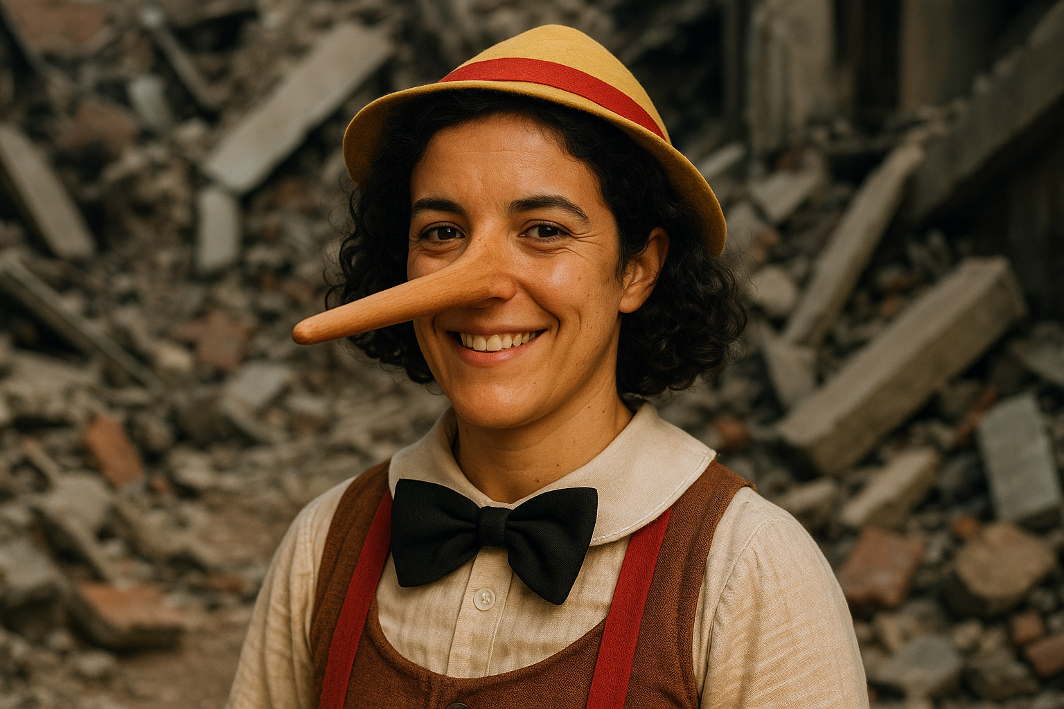 make her into Pinochle, with the costume and the nose with a background of rubbles 