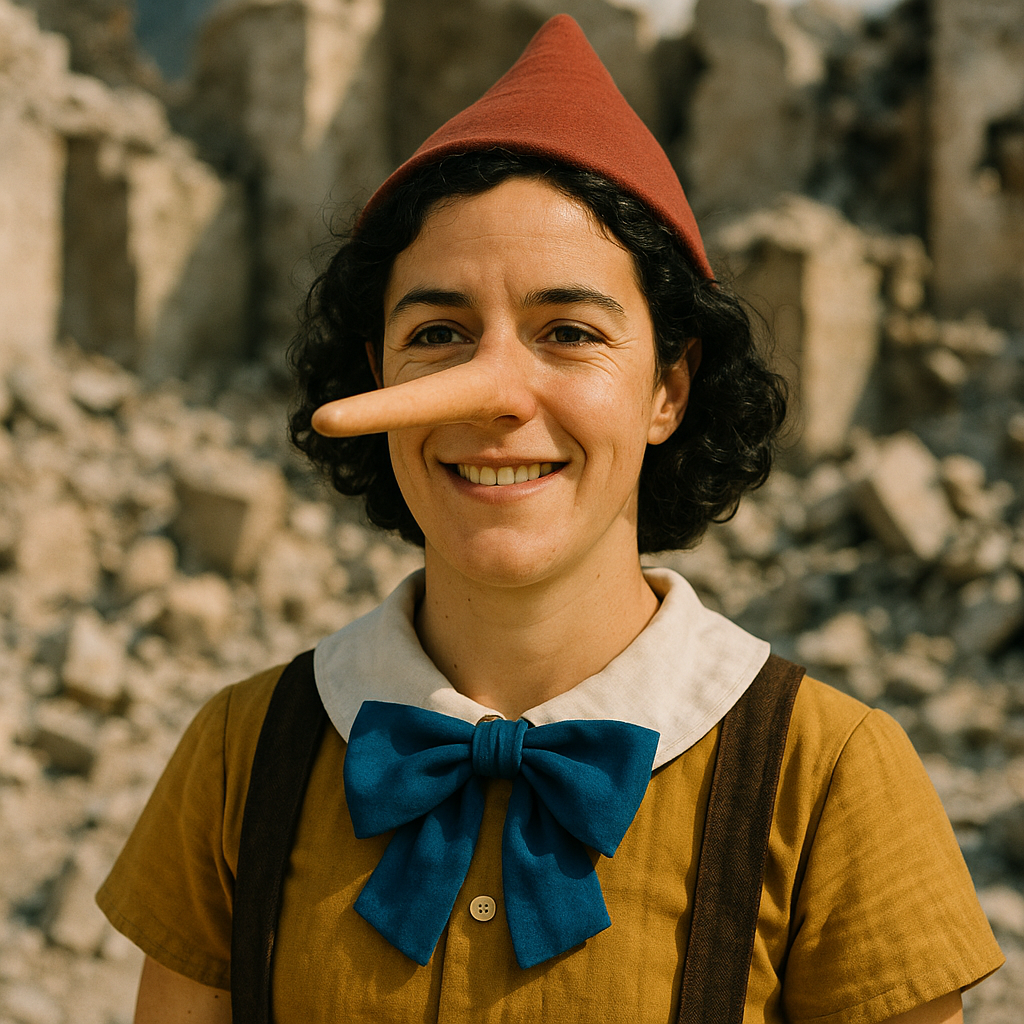 make her into Pinochle, with the costume and the nose with a background of rubbles 