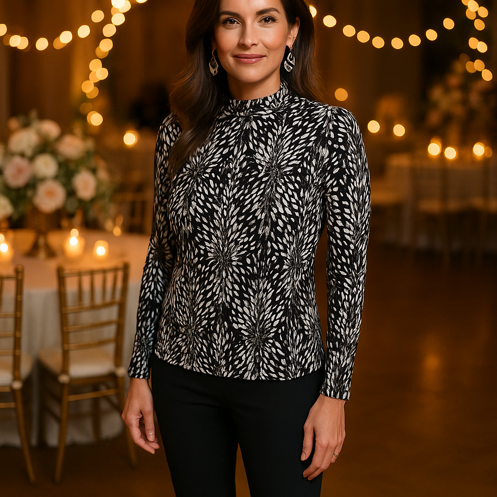 put black and white top with black and white earrings on a stunning beautiful woman of 47 in a lo...