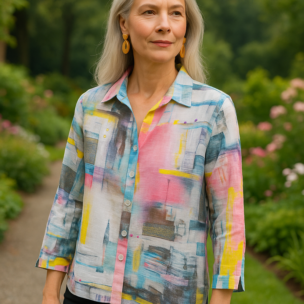 put these outfits with earrings on a stunning woman of 50.  beautiful, serene garden background.