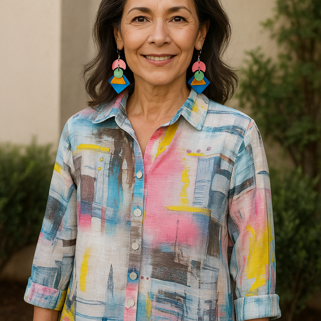 put this outfit on a stunning model age 52. make the background appropriate
