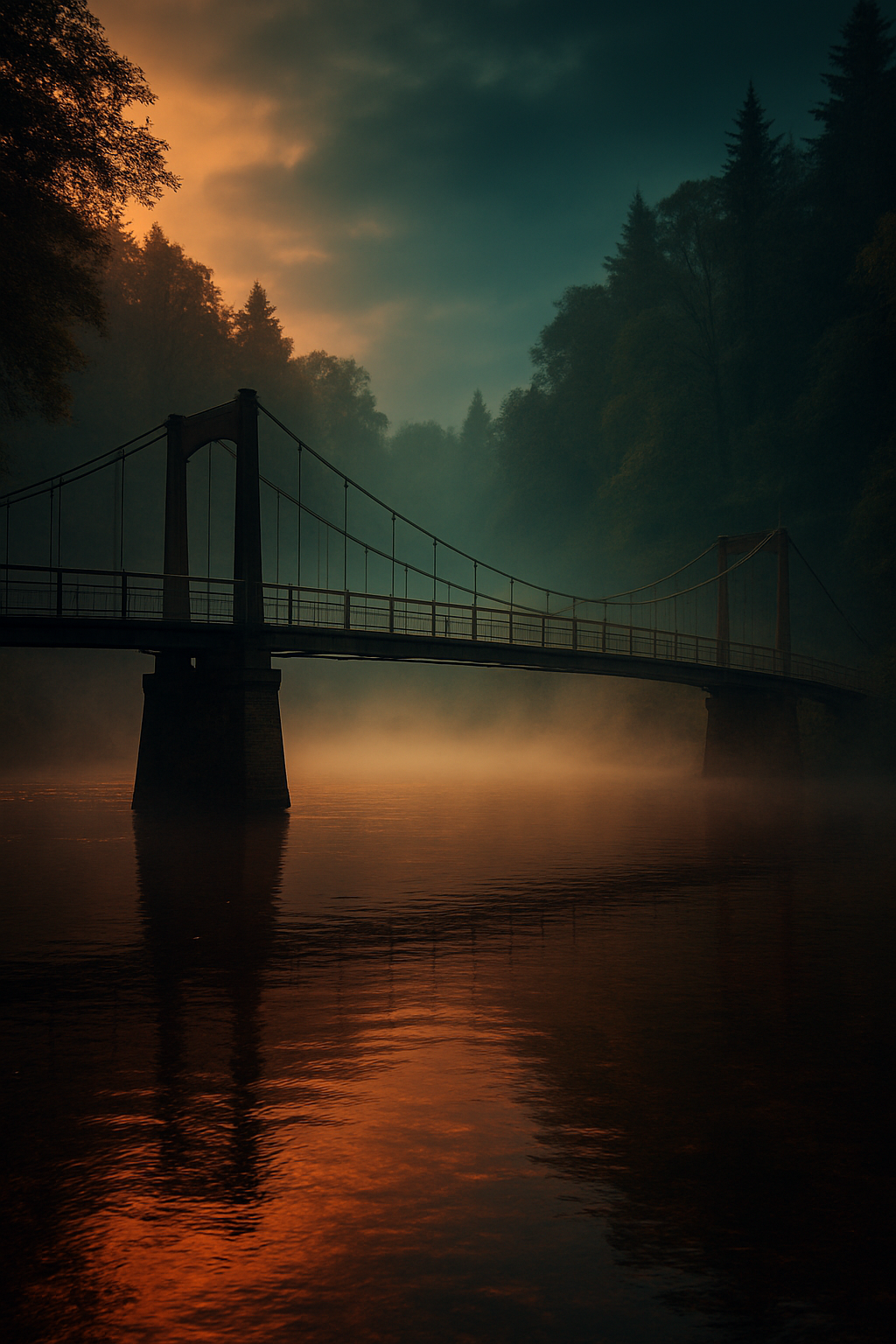 At the edge of the forest, a bridge stretches over a foggy river. The coppery wat...