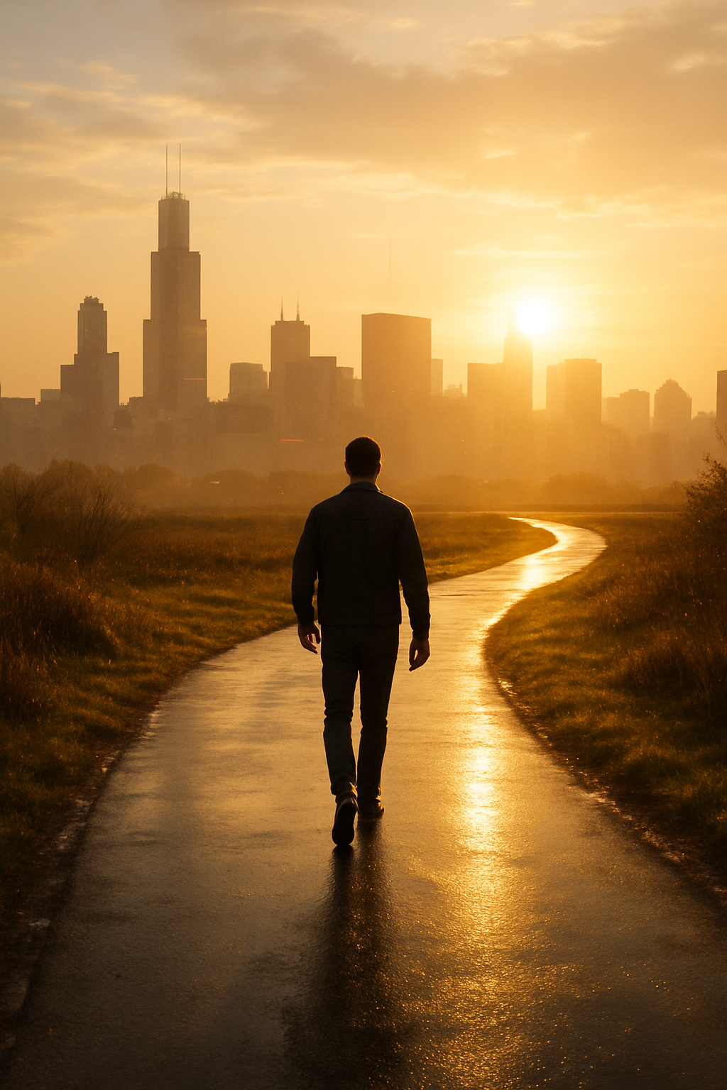 A detailed scene of the person walking along a winding path, city skyline in the ...