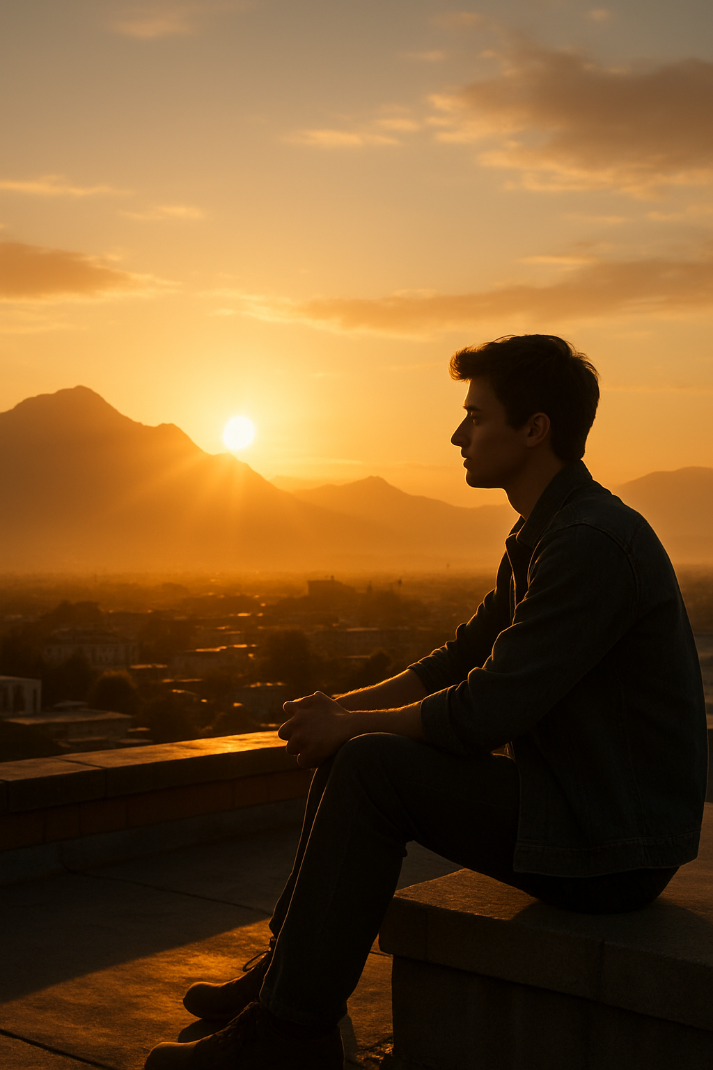 A photorealistic young man sitting alone on a rooftop at sunrise, looking at the ...
