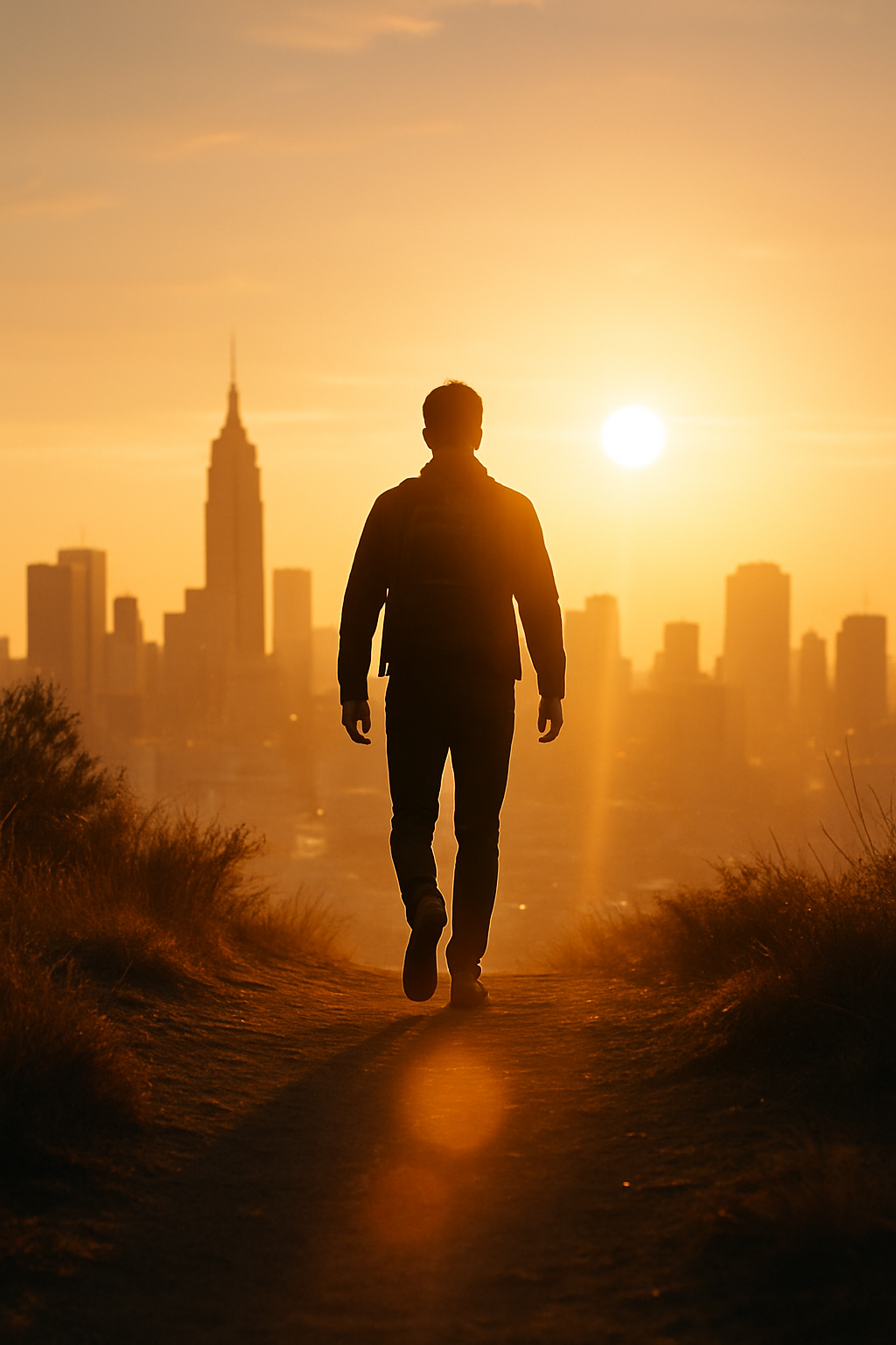 At the top of a small hill, the person pauses, city skyline glowing in the golden...