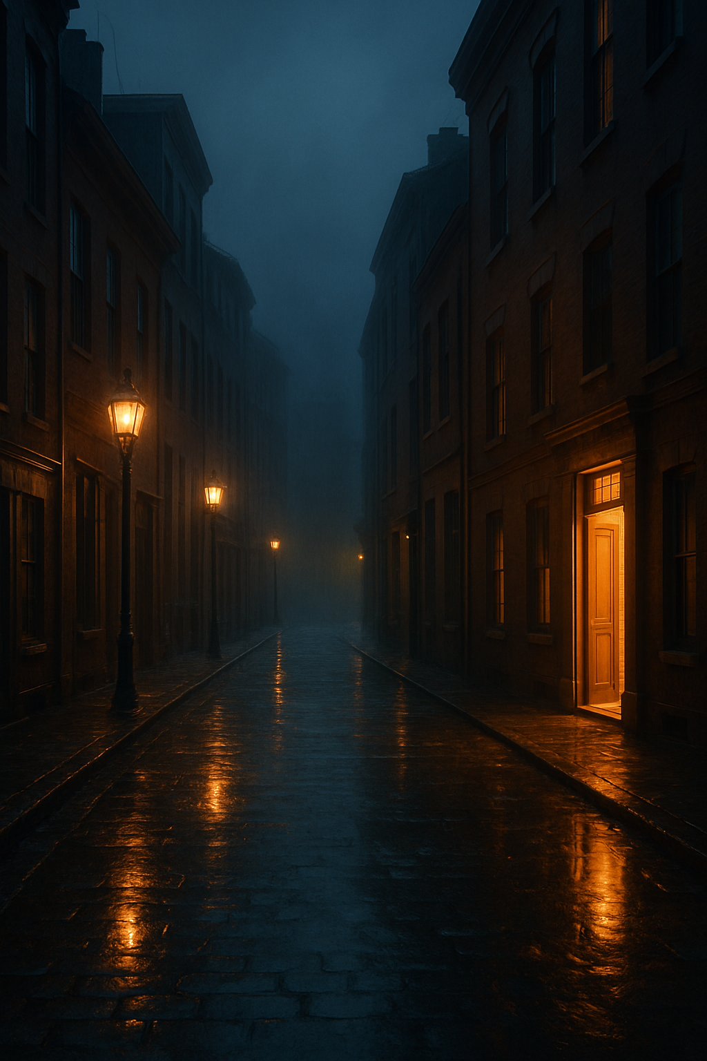 A quiet street illuminated by soft golden lights, a single open door glowing warm...