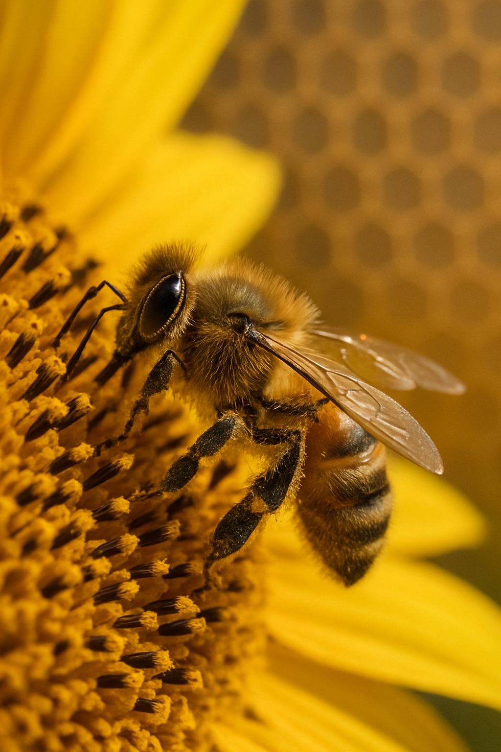 Zoom in on a single honeybee delicately gathering nectar from a vibrant sunflower...