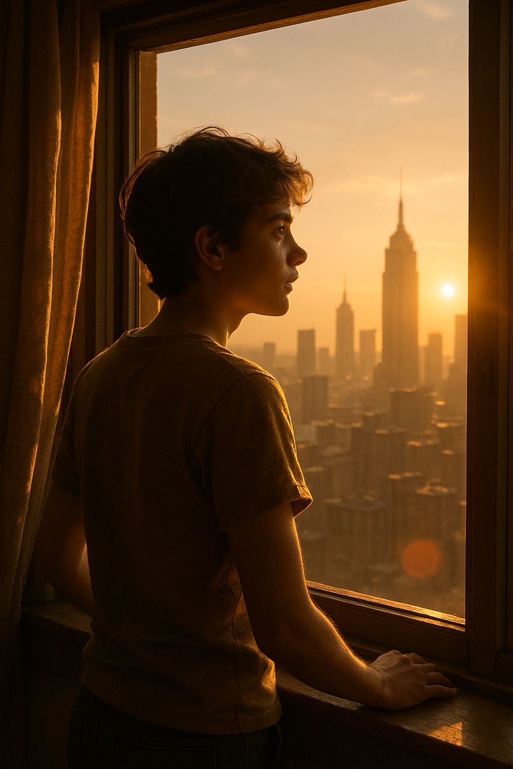 A photorealistic scene at golden hour: a young person stands at an open window, s...