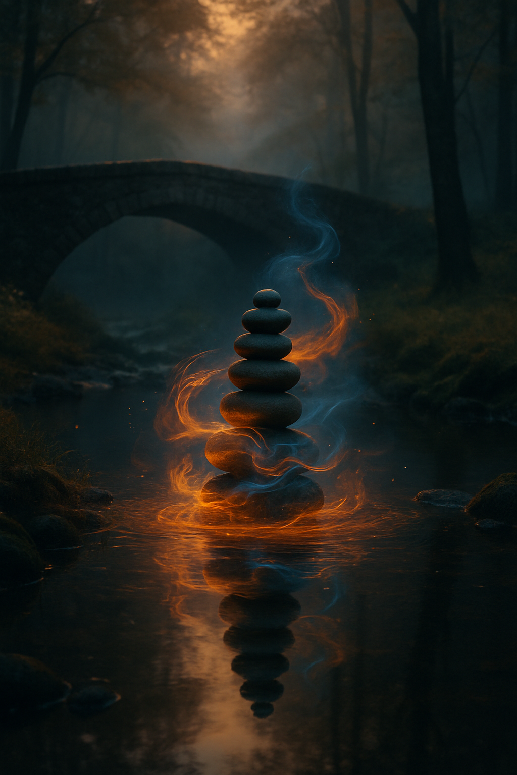 Beyond the bridge, a quiet glade holds a balanced stack of smooth stones, surroun...