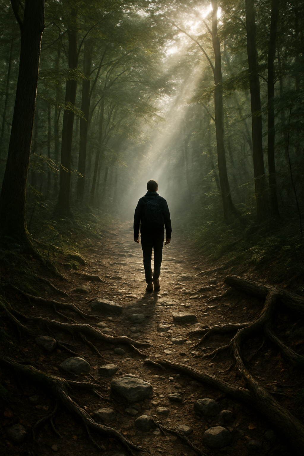 The figure stands up, walking alone down a misty path through a sun-dappled fores...