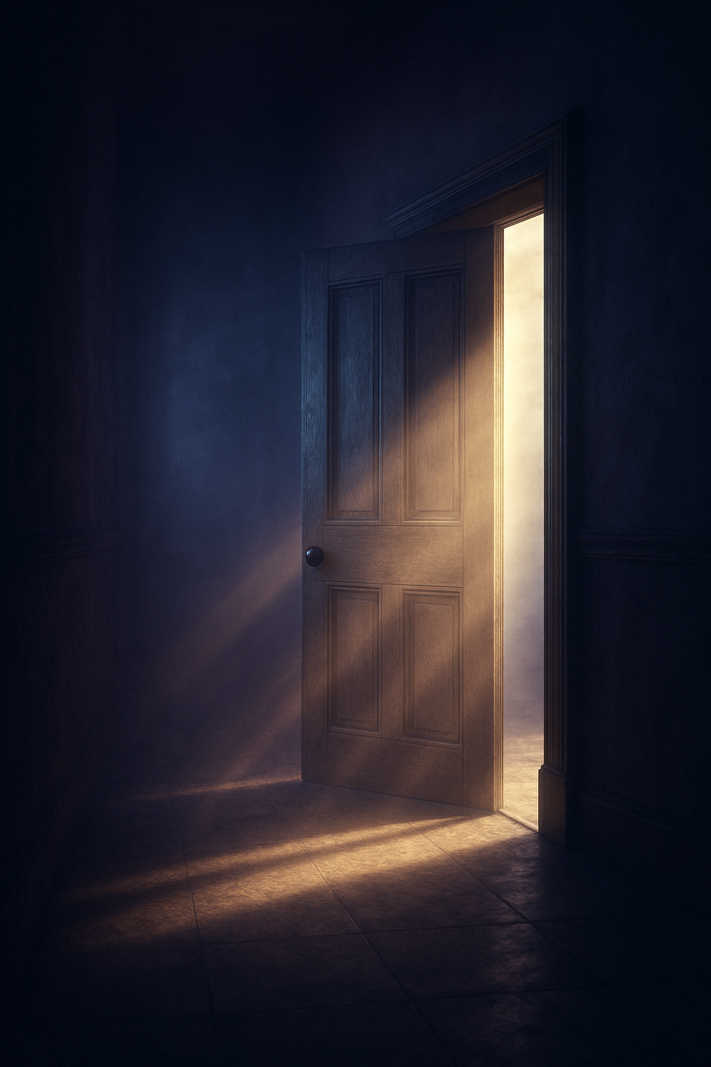 An old wooden door slightly ajar, light flooding in from behind, casting long bea...