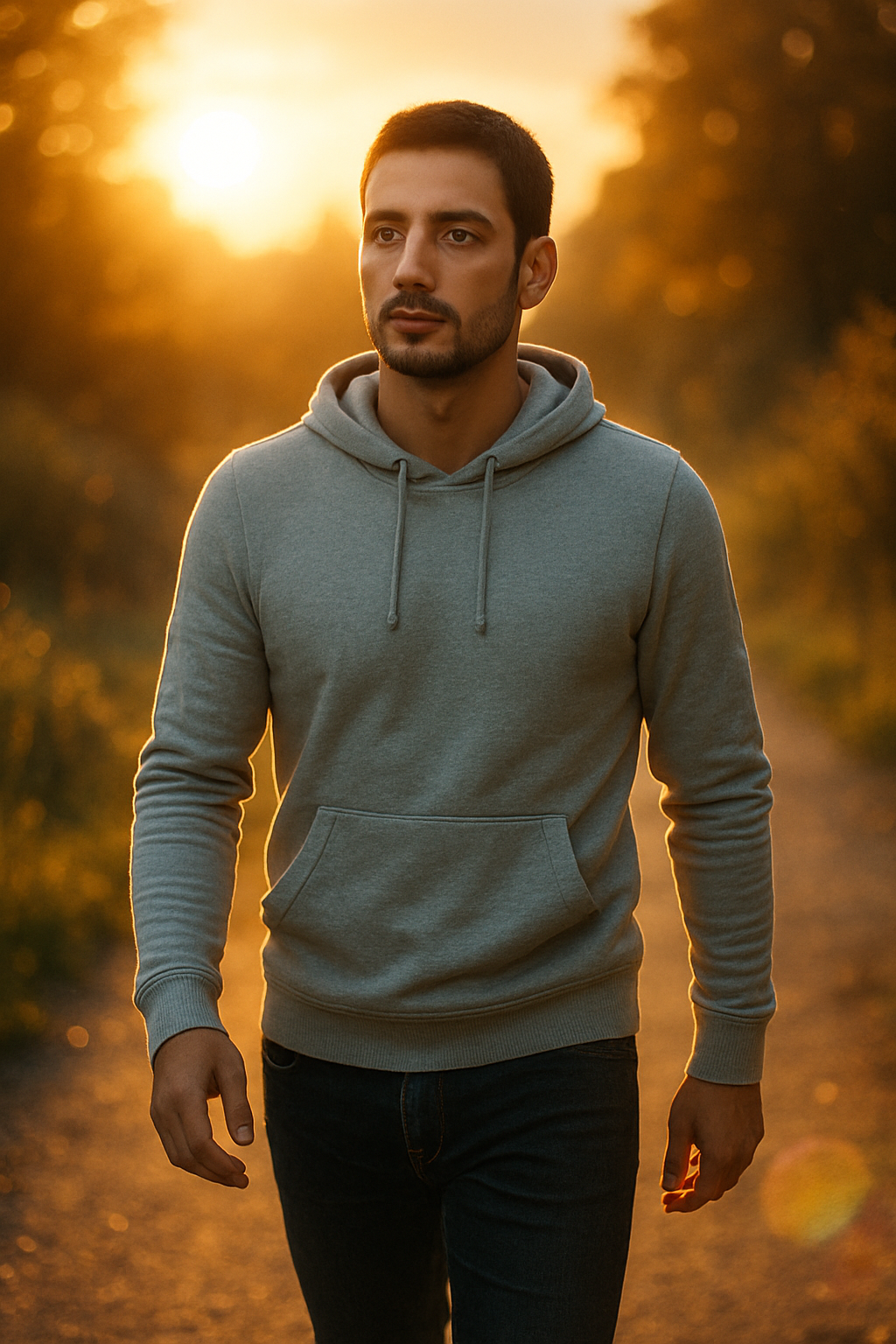 A photorealistic, cinematic golden hour scene. A 30-year-old man with short dark ...