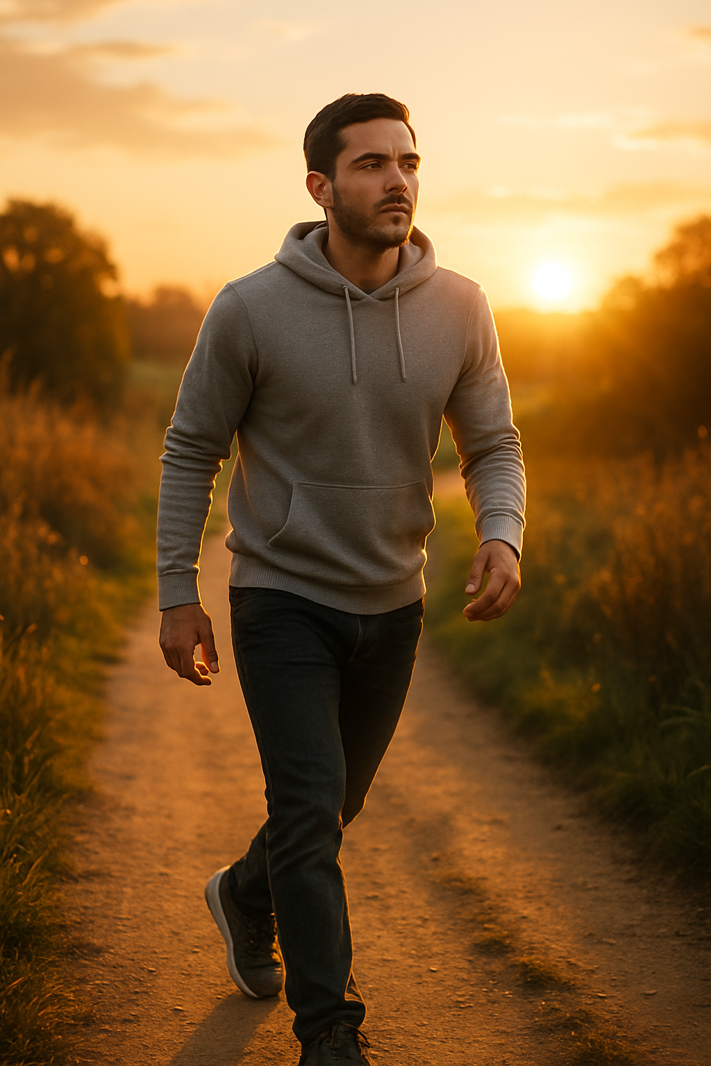 The same man takes his first step onto the path, sunlight illuminating his determ...