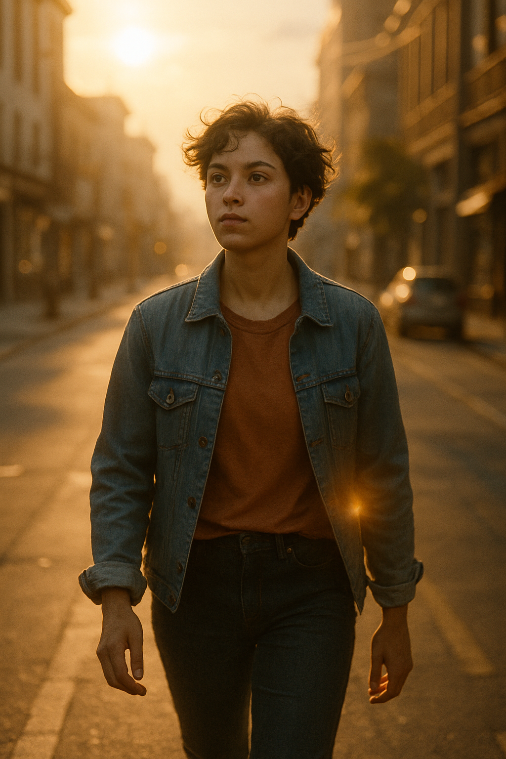 A photorealistic, cinematic golden hour scene of a modern person pausing on a qui...