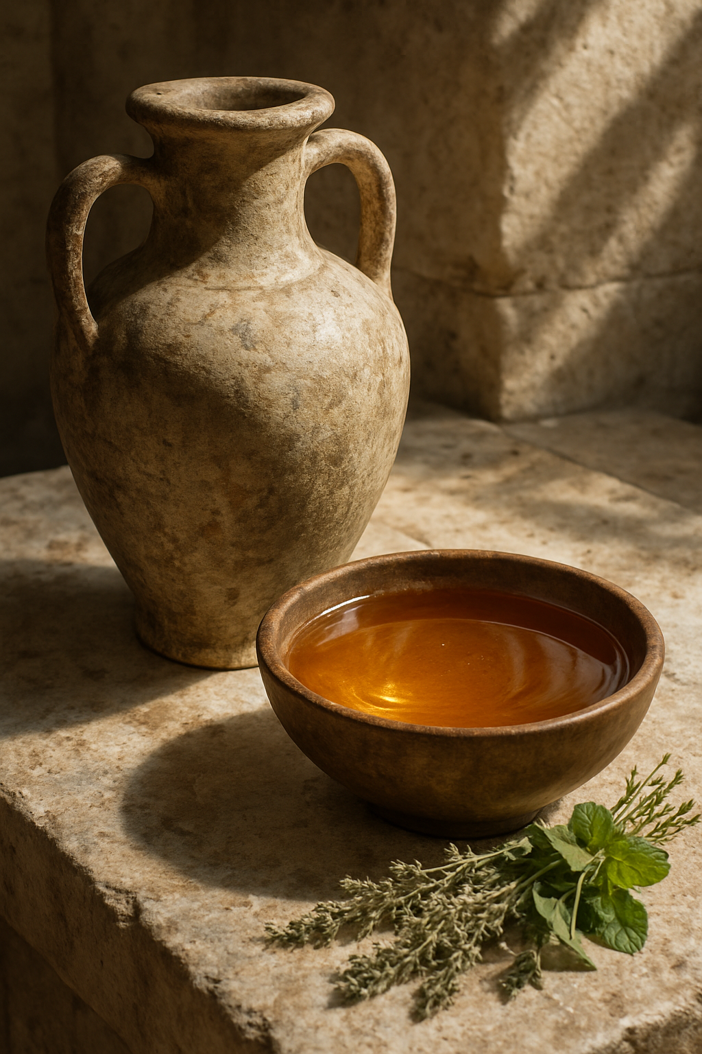 An ancient-looking marble table holds a weathered Greek amphora beside a bowl of ...