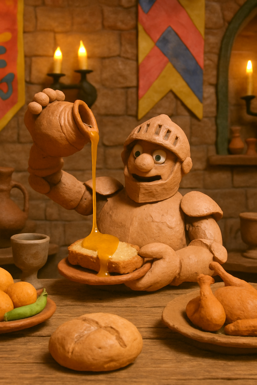 Clay knight at a medieval banquet table, holding up an old honey pot, golden hone...