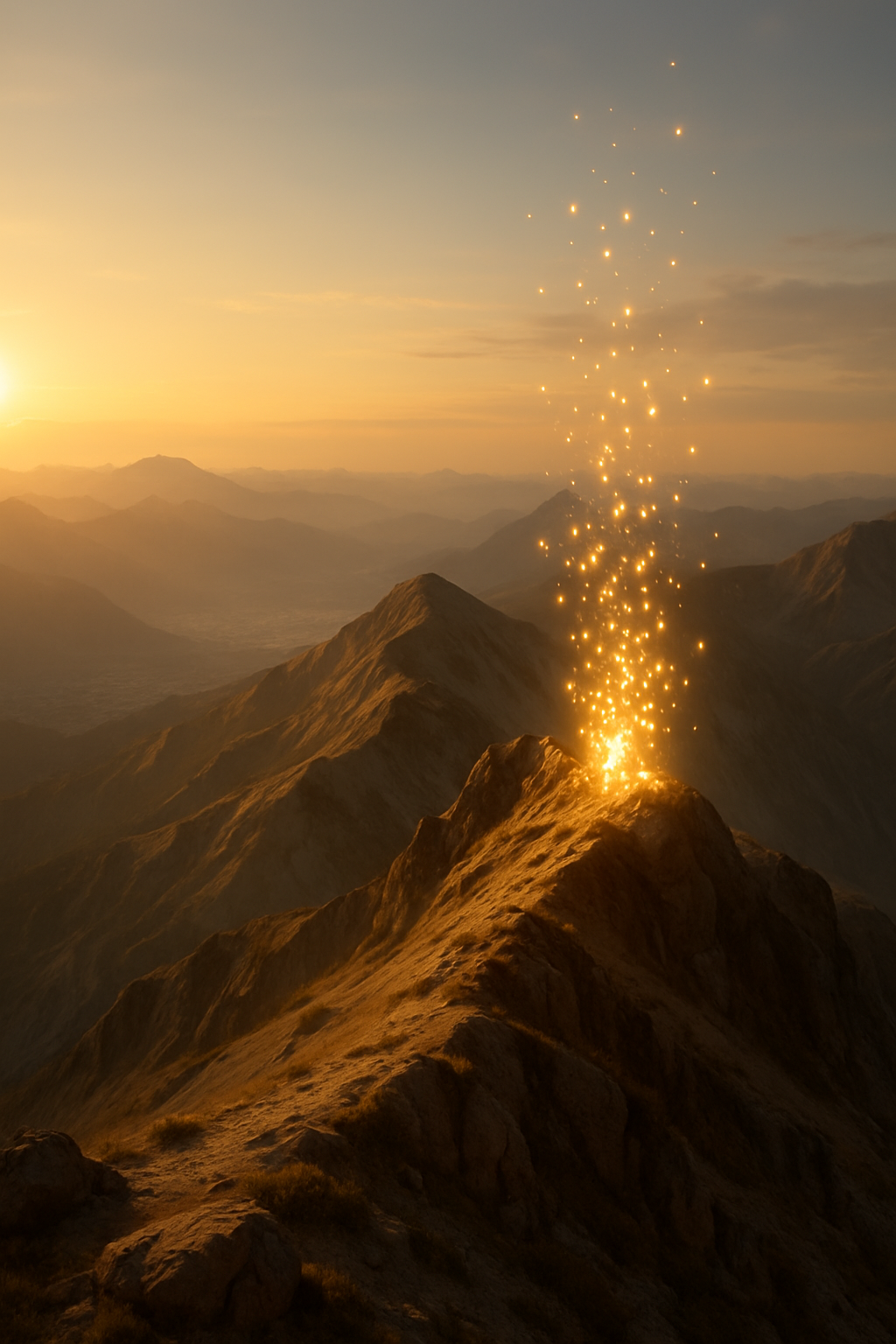 A sunlit mountain ridge, the cluster of glowing sparks floats higher, casting war...