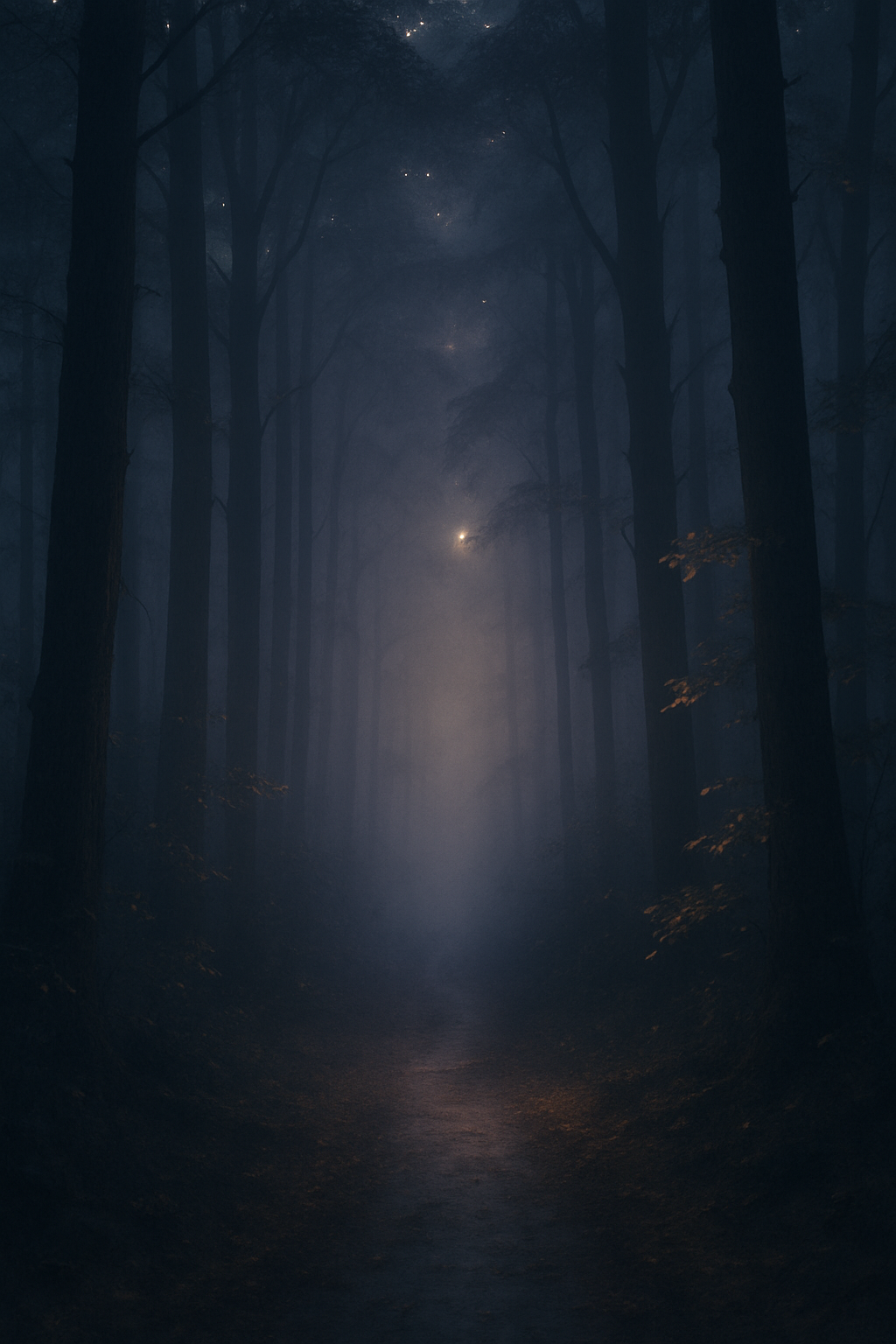 A narrow forest path disappearing into fog, surrounded by tall dark trees, soft l...