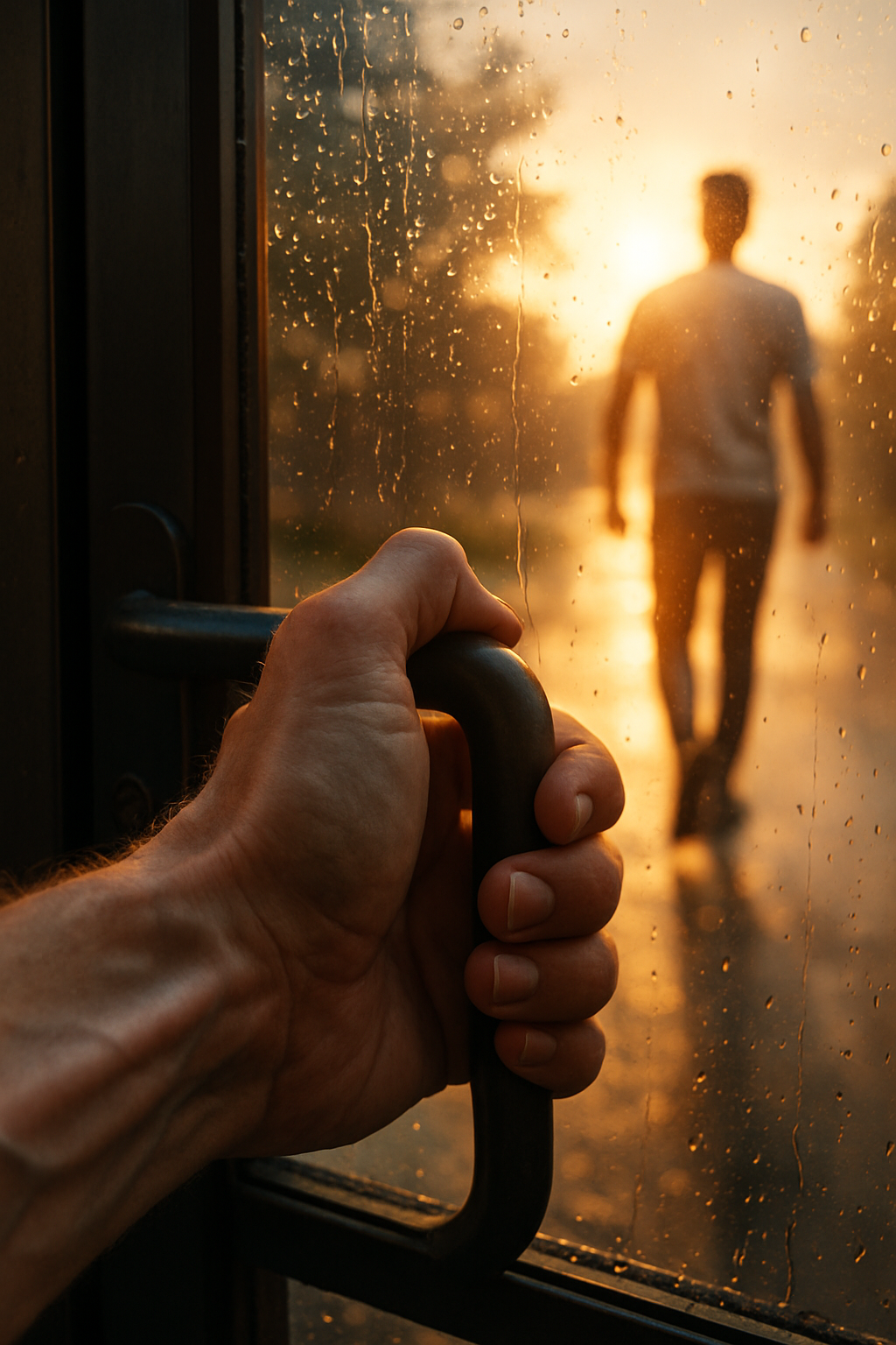 Extreme close-up of their hand gripping a heavy door handle, veins visible, the o...