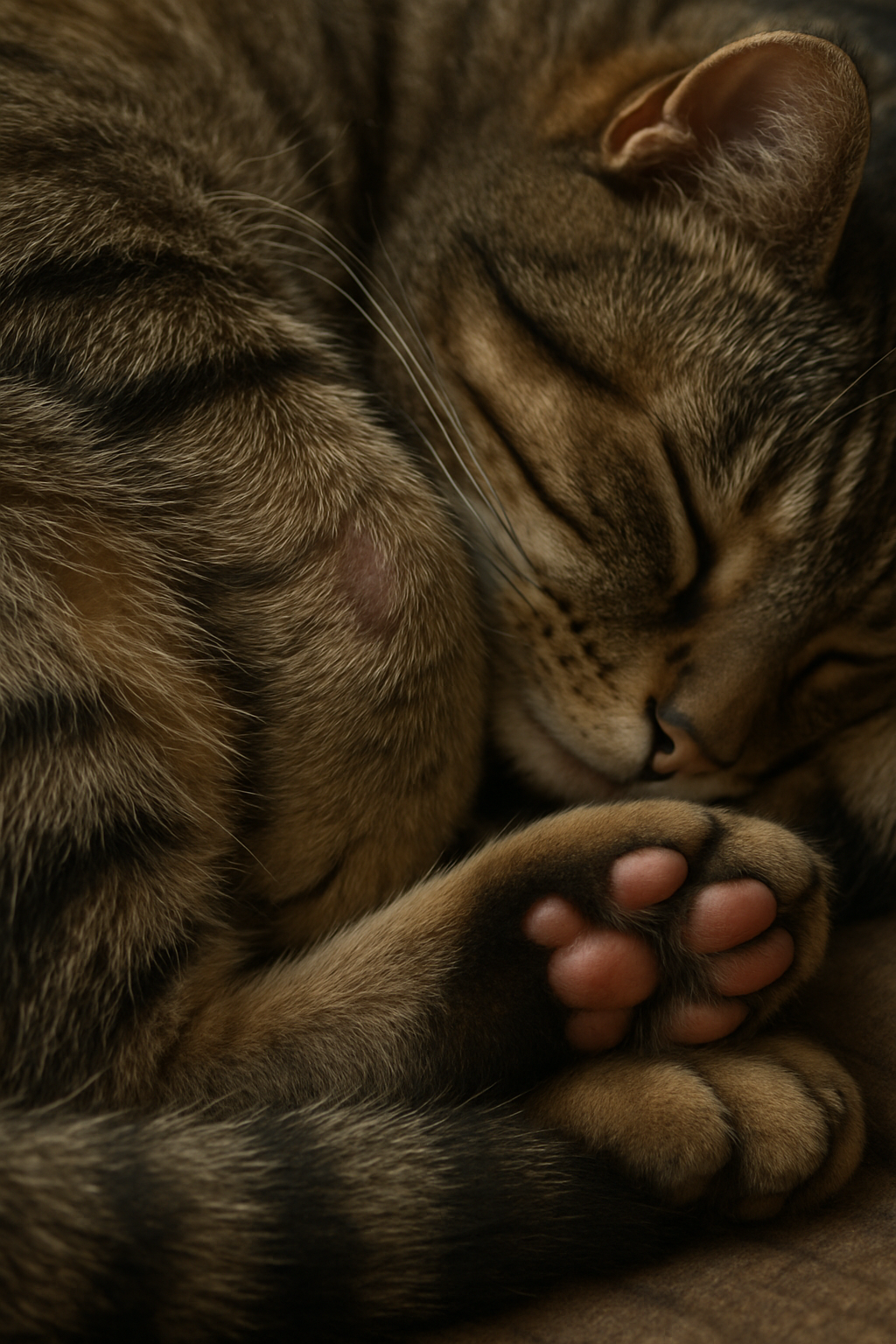 Macro shot of the cat’s body as it lies curled up, focusing on healing details: a...