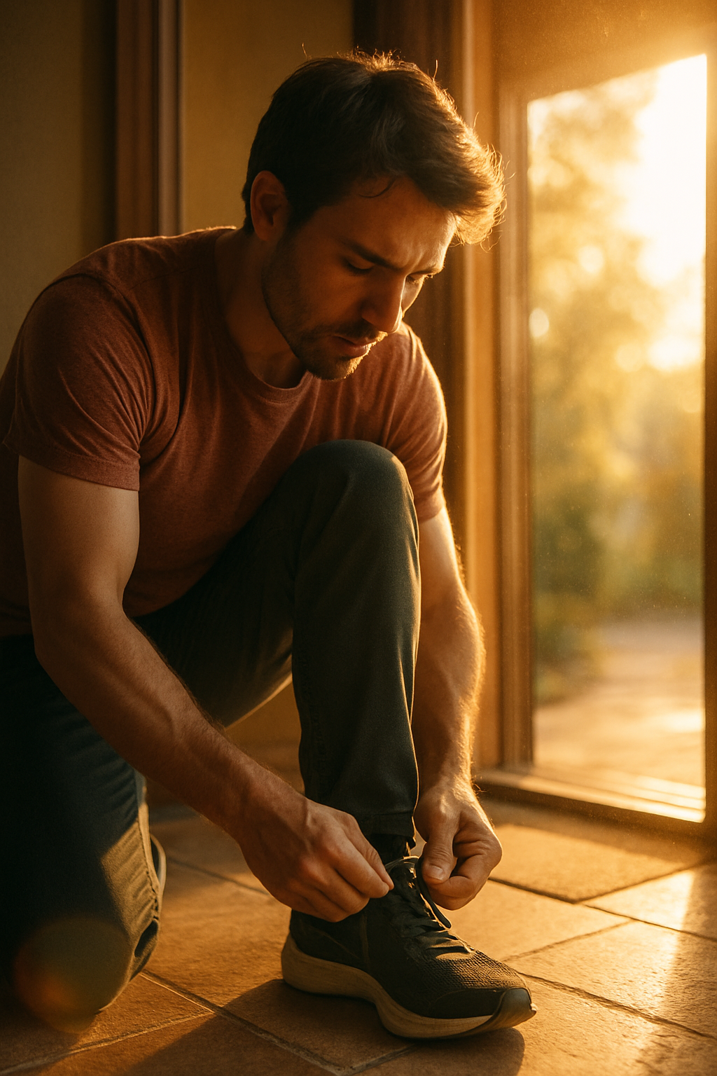 Detailed shot of the same person, now tying their shoes at the doorway, sunlight ...