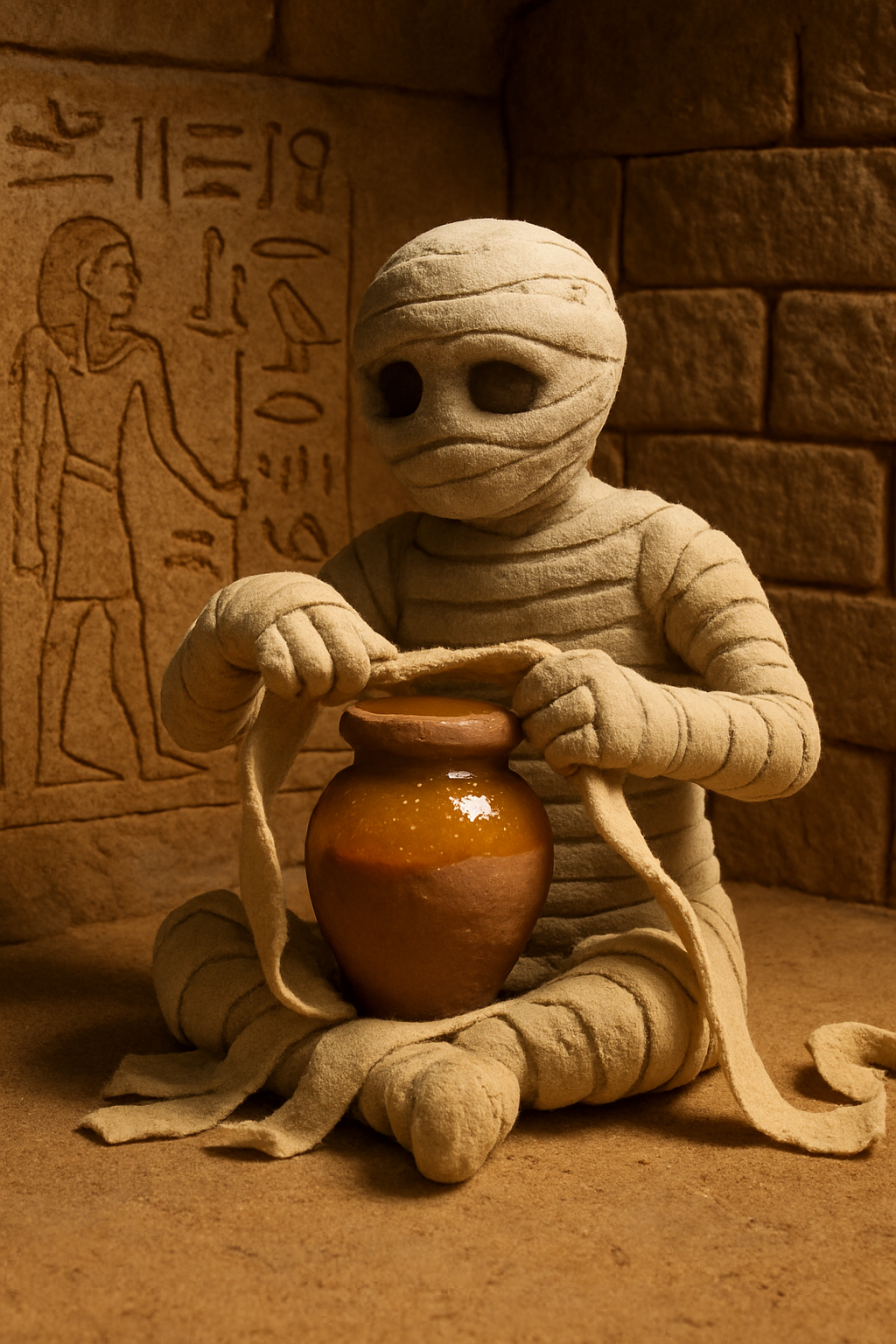 Animated clay mummy unwrapping in an Egyptian tomb, revealing a well-preserved ho...