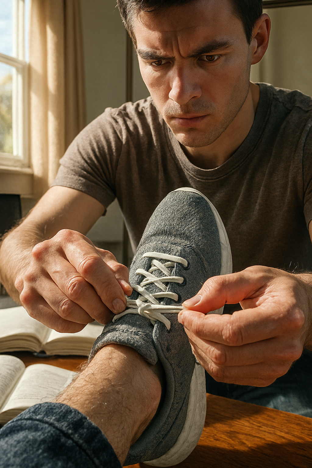 The same person ties their sneakers in a messy, sunlit room with open books and a...
