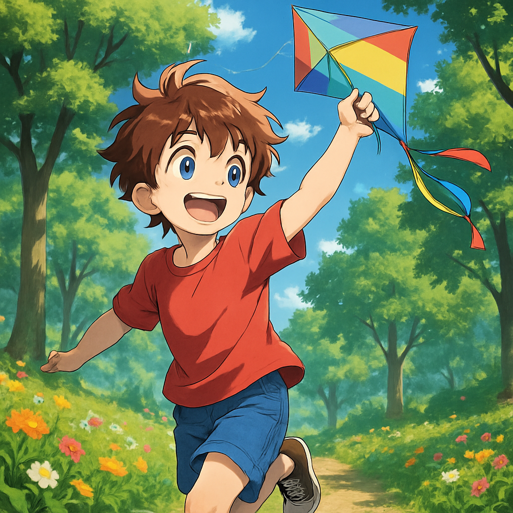 A young boy, around 8 years old, with tousled brown hair and bright blue eyes, we...