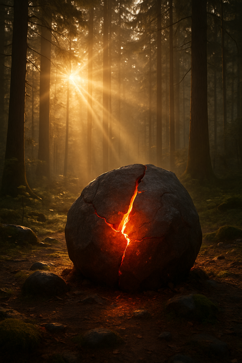 A glowing ember inside a cracked rock in the middle of a forest. Rays of morning ...