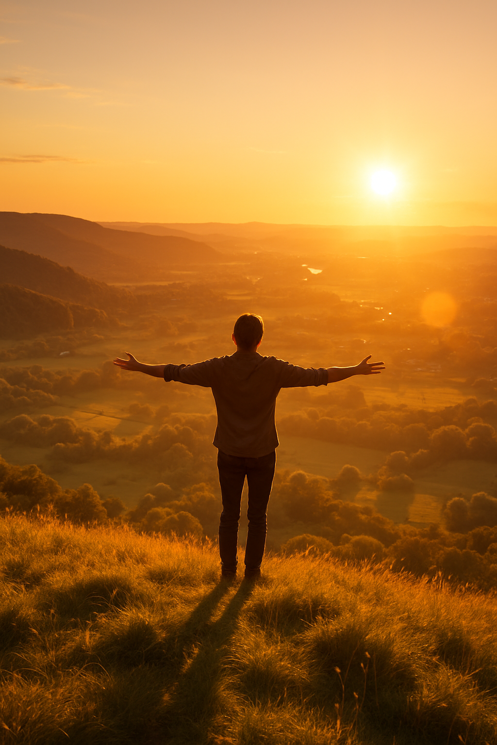 A panoramic scene: the person now stands atop the hill, arms slightly lifted, bat...