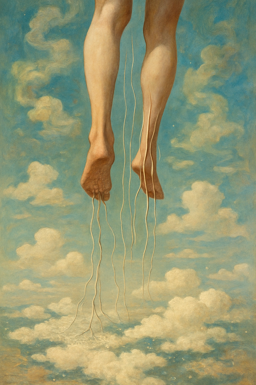 The scene transitions: roots from the feet subtly unravel, turning into delicate ...