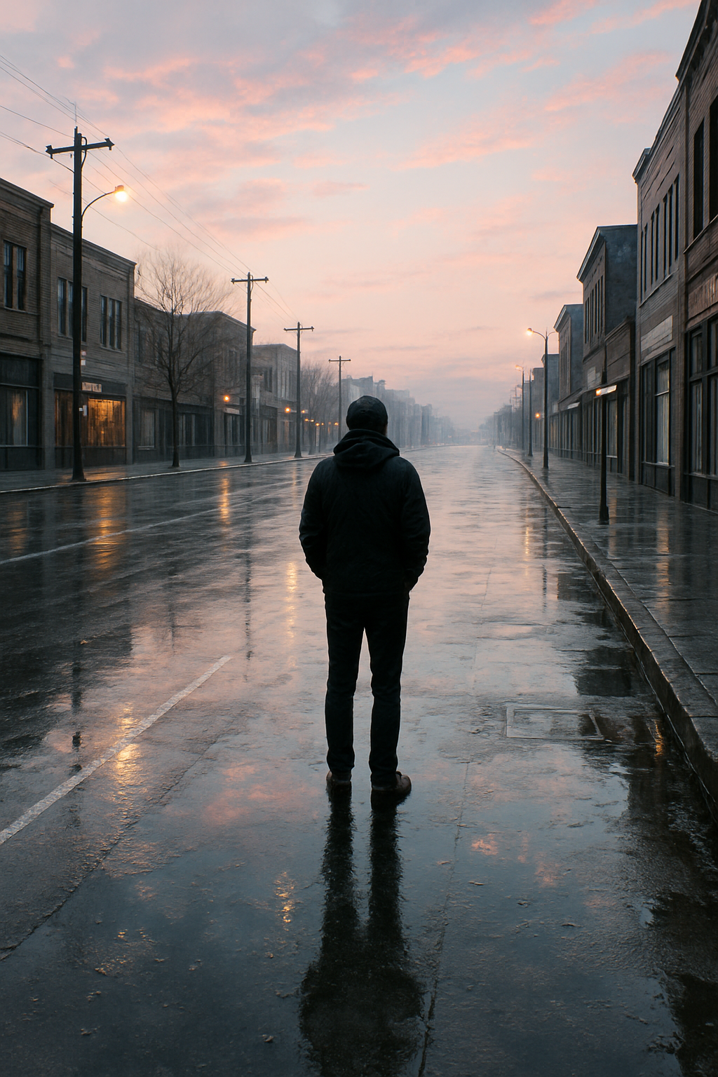 A solitary figure stands at dawn on a rain-soaked city street, reflections shimme...
