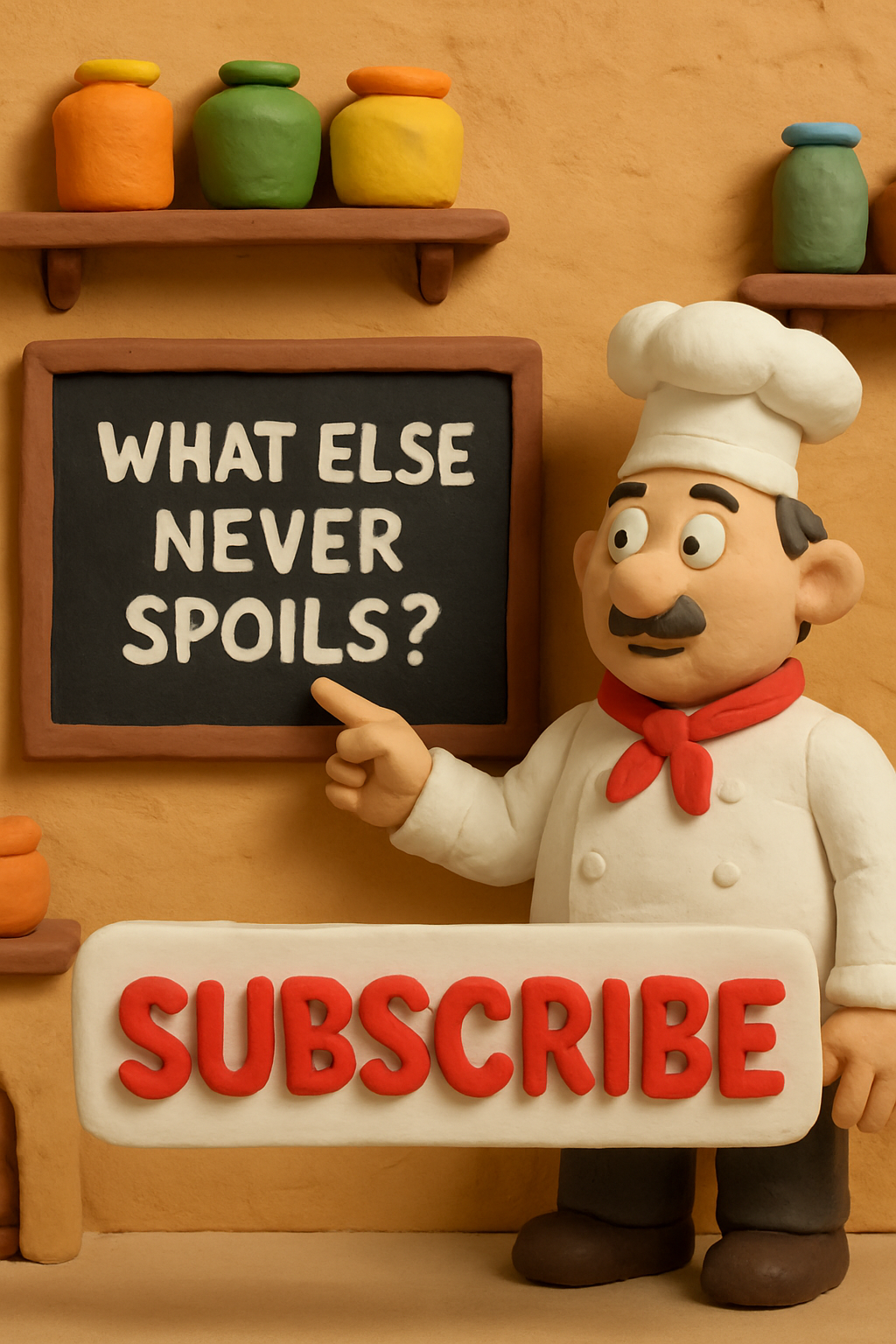 Back in the cozy clay kitchen, the chef points at a blackboard with the question ...