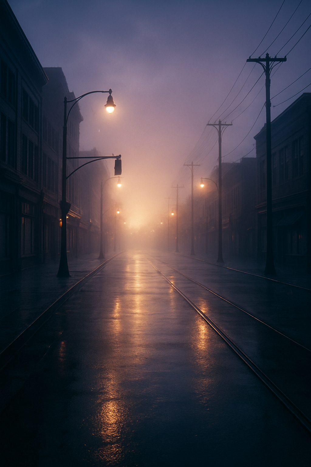 A quiet, misty urban street at dawn, with long shadows and soft golden light refl...