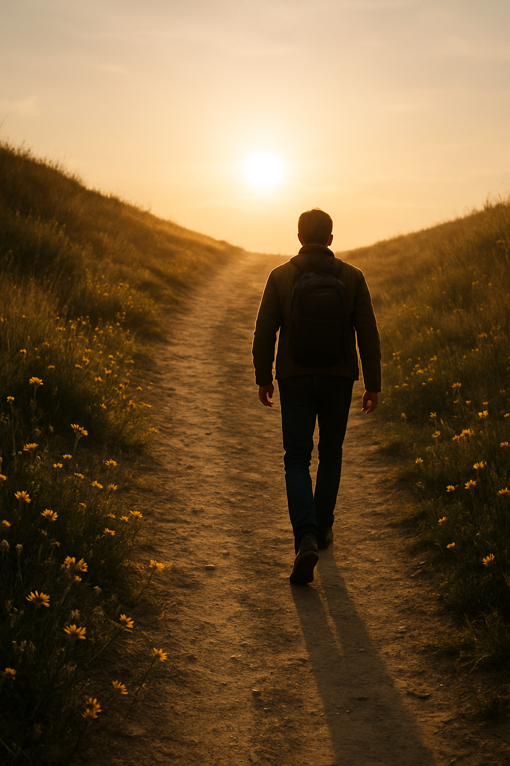 The person now faces a gentle uphill path, walking forward. The sun hangs low, ca...