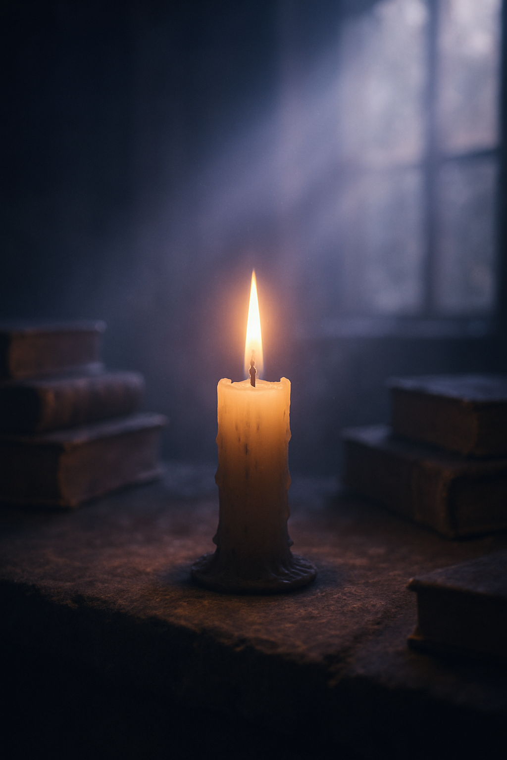 A single lit candle on a rough stone surface in a dark room, surrounded by ancien...