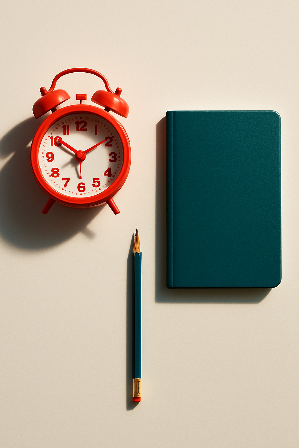 A clean white desk with a bright red analog clock, a closed notebook, and a singl...