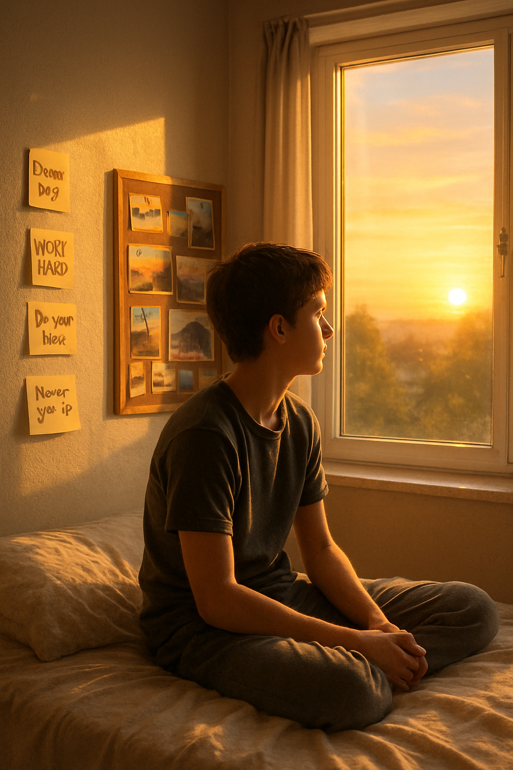 A young person sits on their bed at sunrise, gazing thoughtfully out a window. Su...