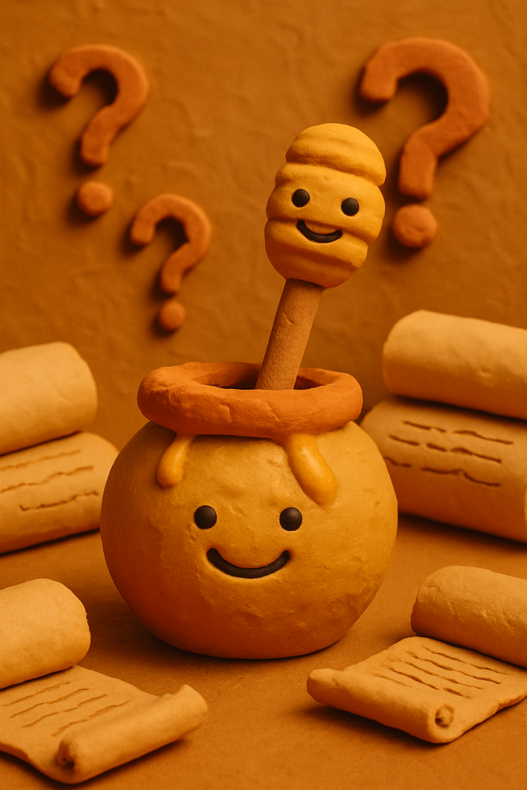 A claymation honey jar with a smiling honey dipper, surrounded by ancient scrolls...