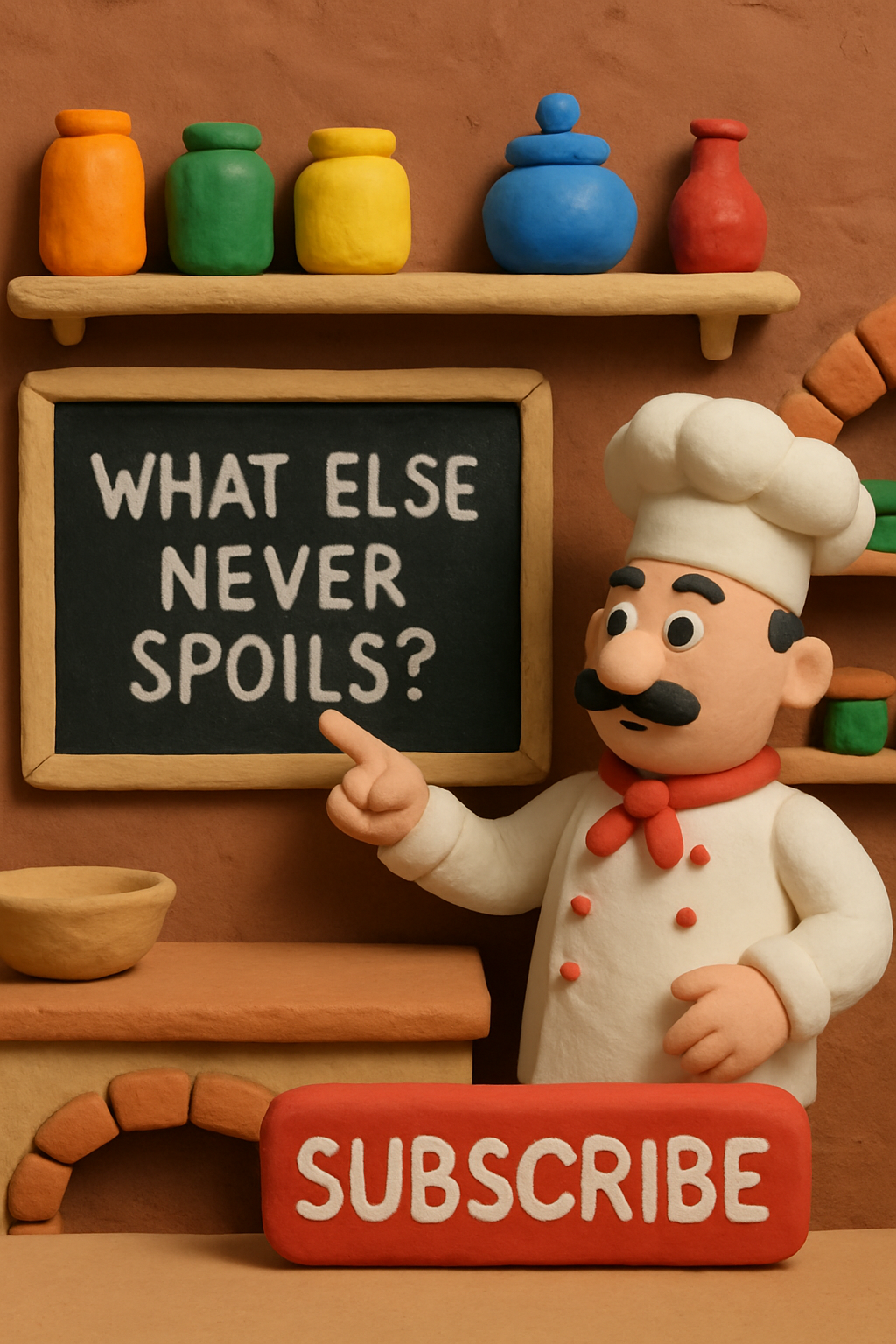 Back in the cozy clay kitchen, the chef points at a blackboard with the question ...