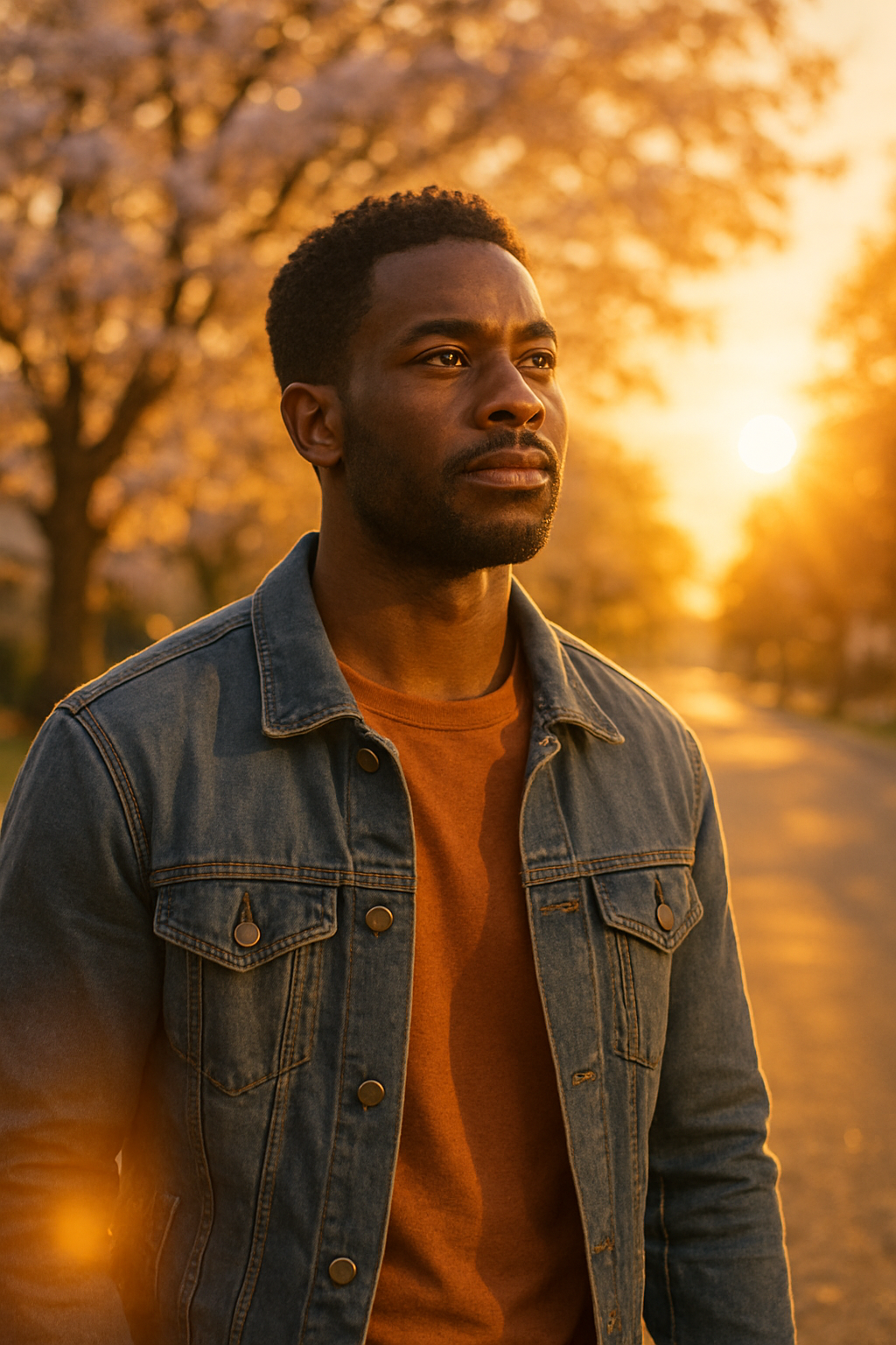 The same person steps outside onto a sunlit street lined with blooming trees. The...