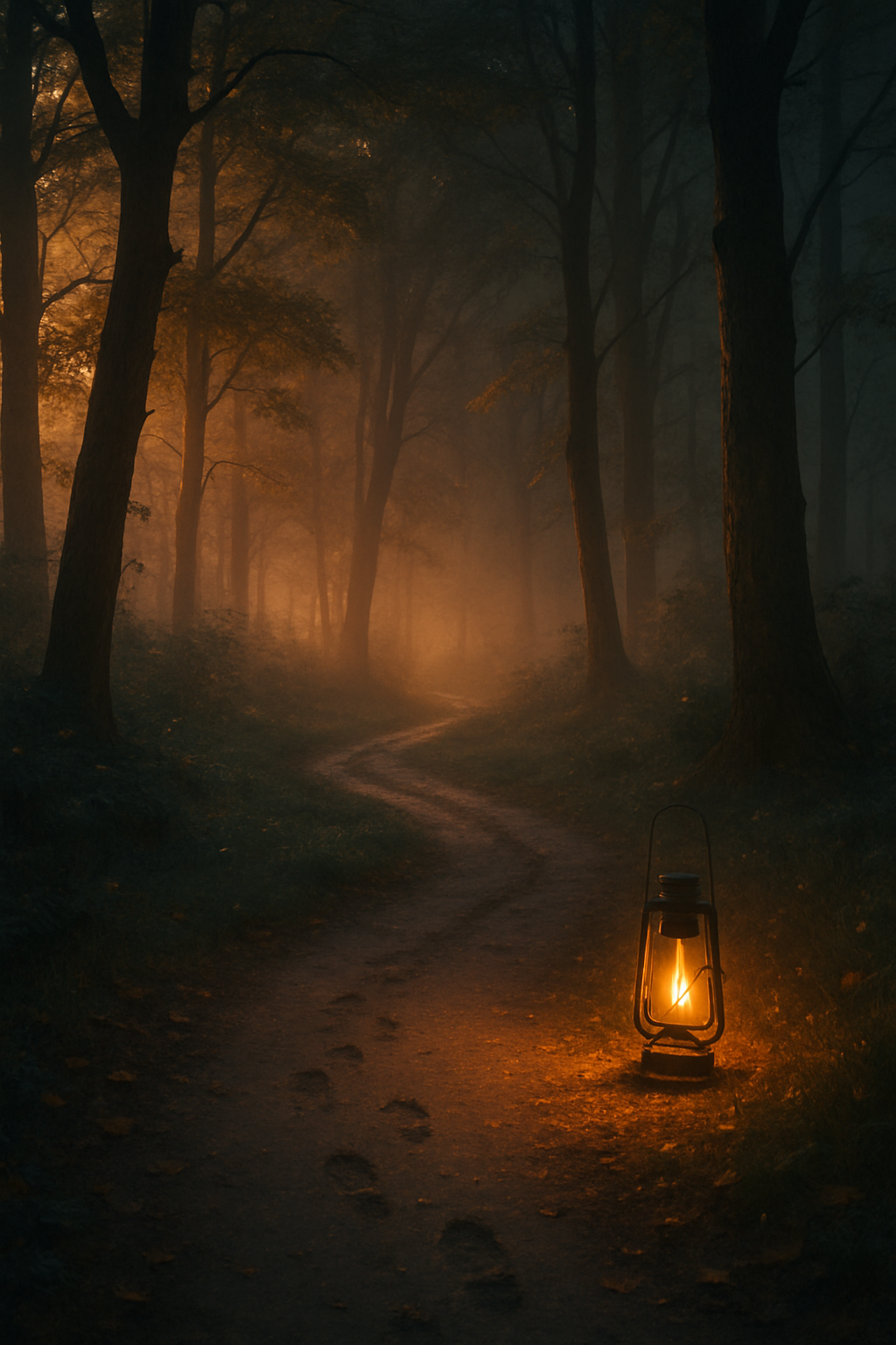 A misty path winding through a quiet forest at golden hour, dappled with amber li...