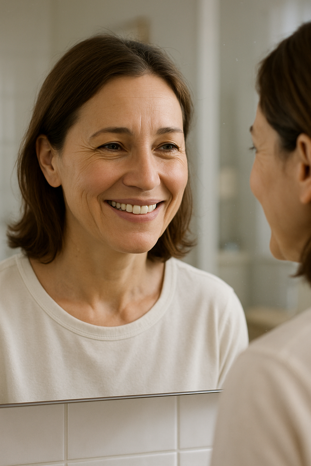 A detailed, high-resolution reflection of the same person now smiling warmly at t...