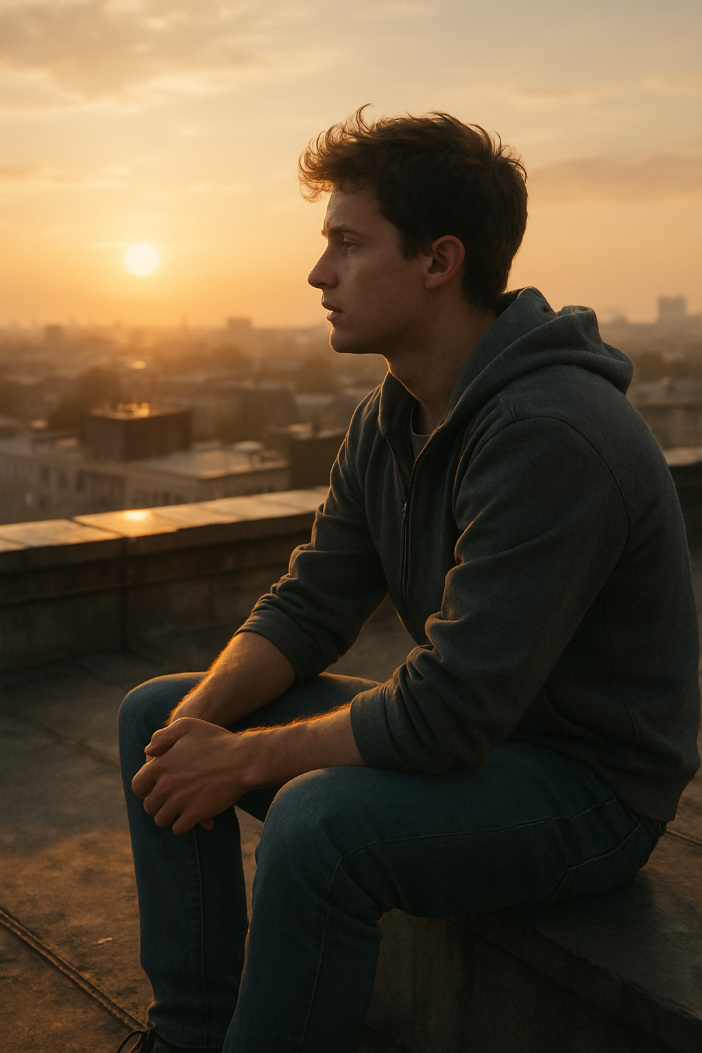 A photorealistic young man sitting alone on a rooftop at sunrise, looking at the ...